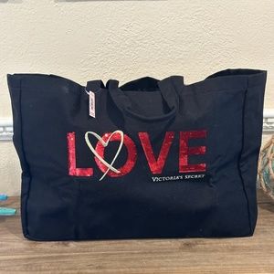 Victoria's Secret Black Canvas W/ Red Sequined "LOVE" Bag NWT